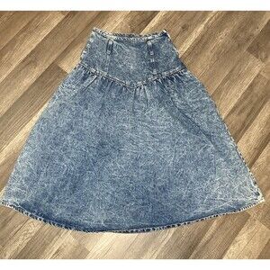 Vintage Denim Blue Jean Skirt M 26” V Yoke Festival Boho Modest Belted 90s USA